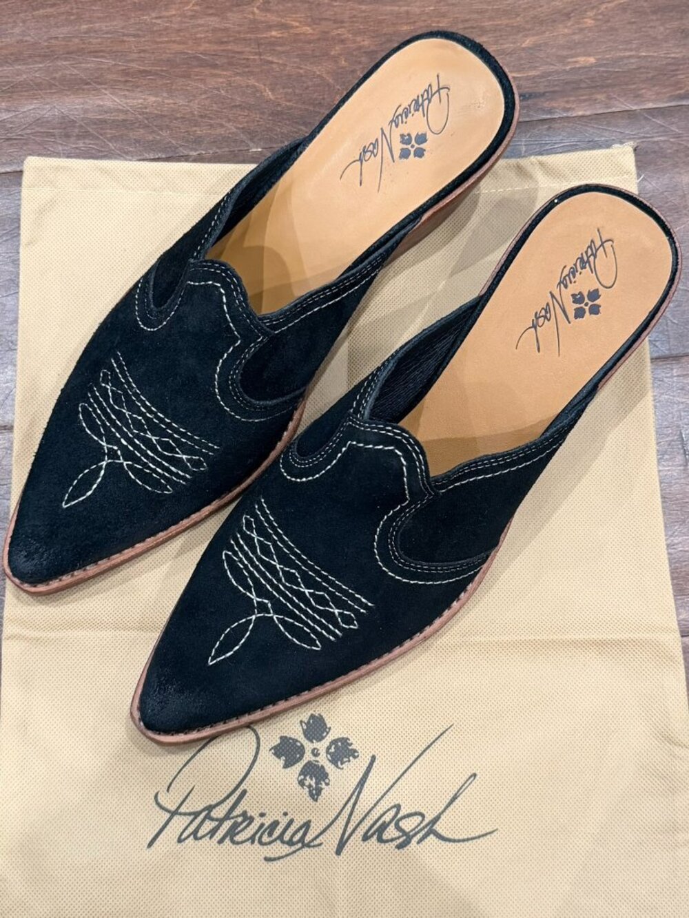 Patricia Nash Battista Black Suede Leather Pointy Toe Mule